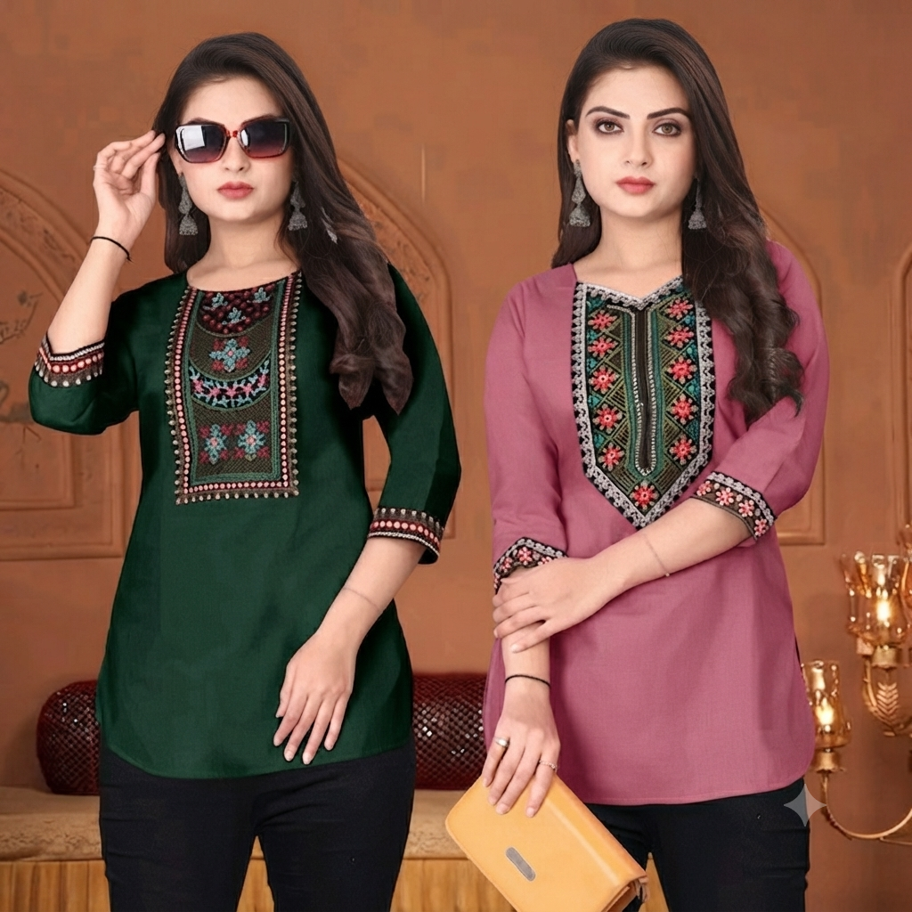 Women’s Embroidered Ethnic Short Kurti - Festive & Casual Tunic Top