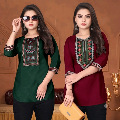 Women’s Embroidered Ethnic Short Kurti - Festive & Casual Tunic Top