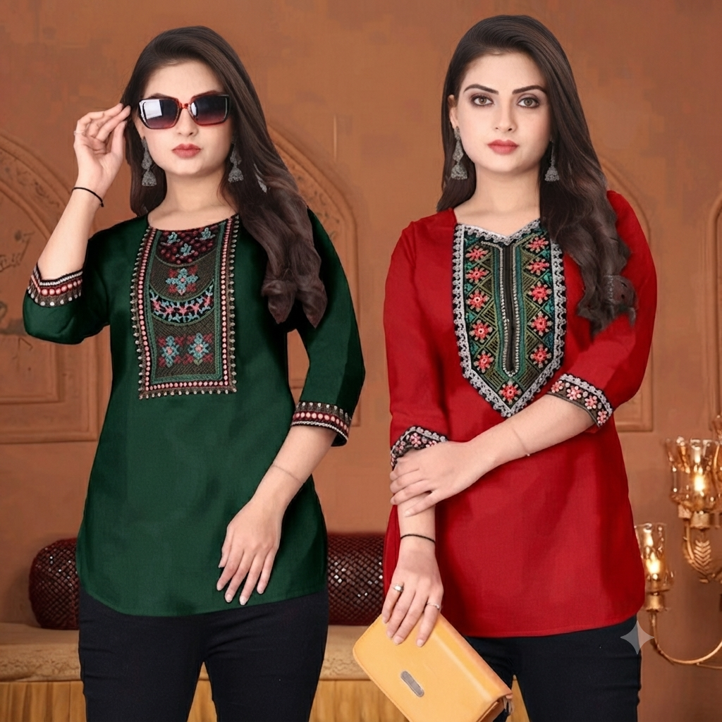 Women’s Embroidered Ethnic Short Kurti - Festive & Casual Tunic Top