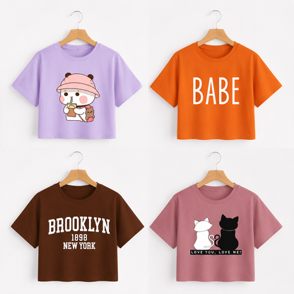 Women's Casual Half Sleeve Round Neck Crop T-Shirt Combo Pack of 4 | Trendy Daily Wear for Girls & Women's
